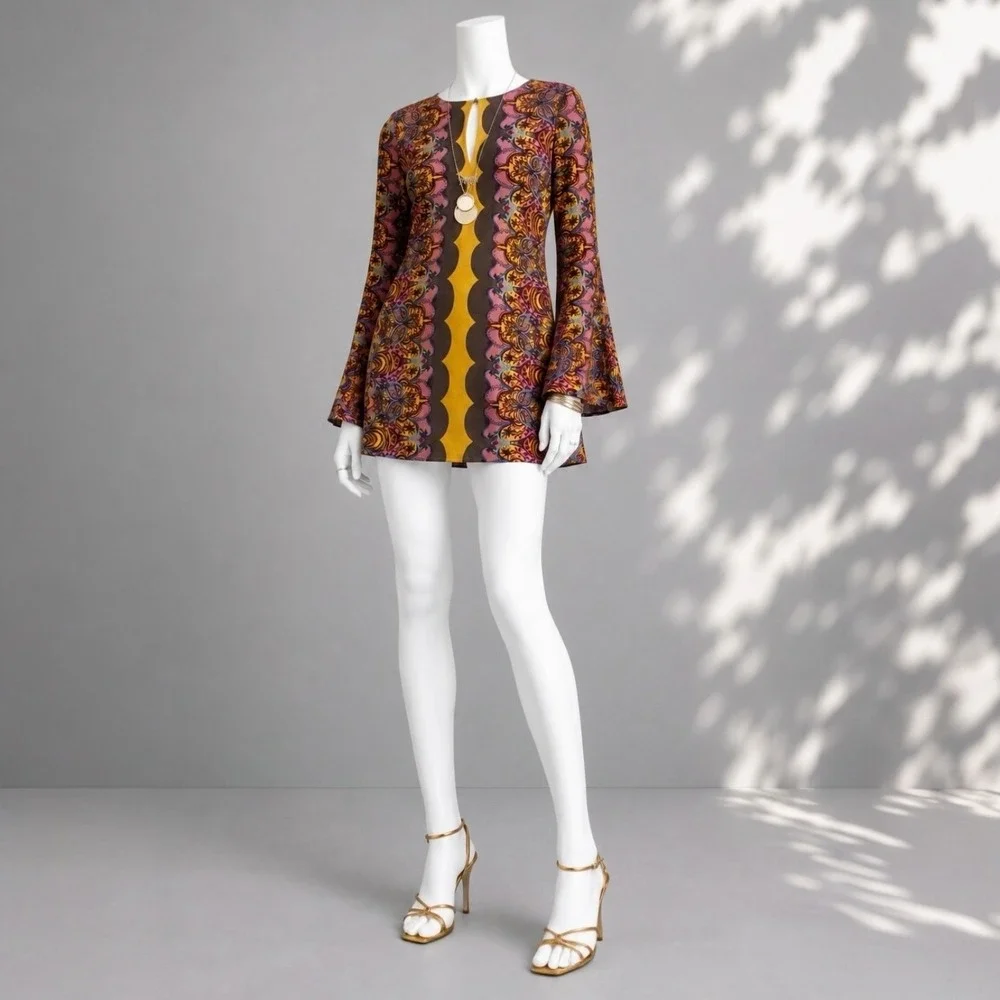 Free People Ossie Vibes Tunic Dress 10 Purple Brown Floral Bell Sleeve Mod Mini